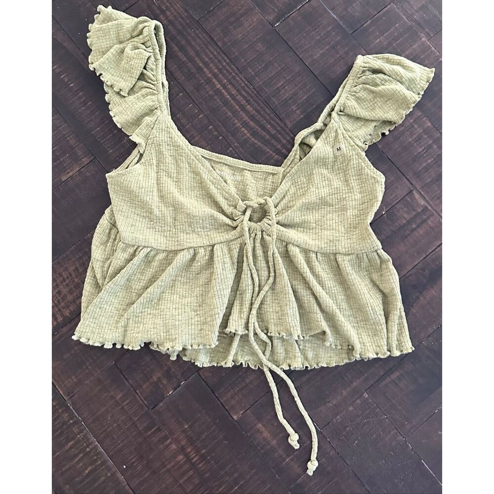 🌸 American Eagle Olive Green V Neck Flutter Sleeve Top Size Medium New